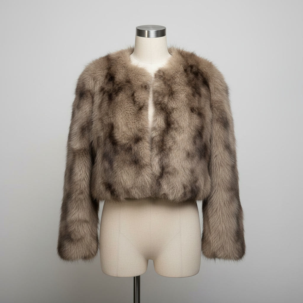 TERRA BROWN two tone cropped faux fur jacket (no collar)