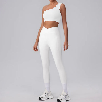 GRACE SCALLOPED TOP EDGE SPORTS BRA & HIGH-WAIST CROSS OVER LEGGINGS (2-PIECE SET)