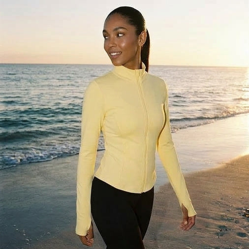 Collage of a woman in different outfits and settings, including a beach and a patio.