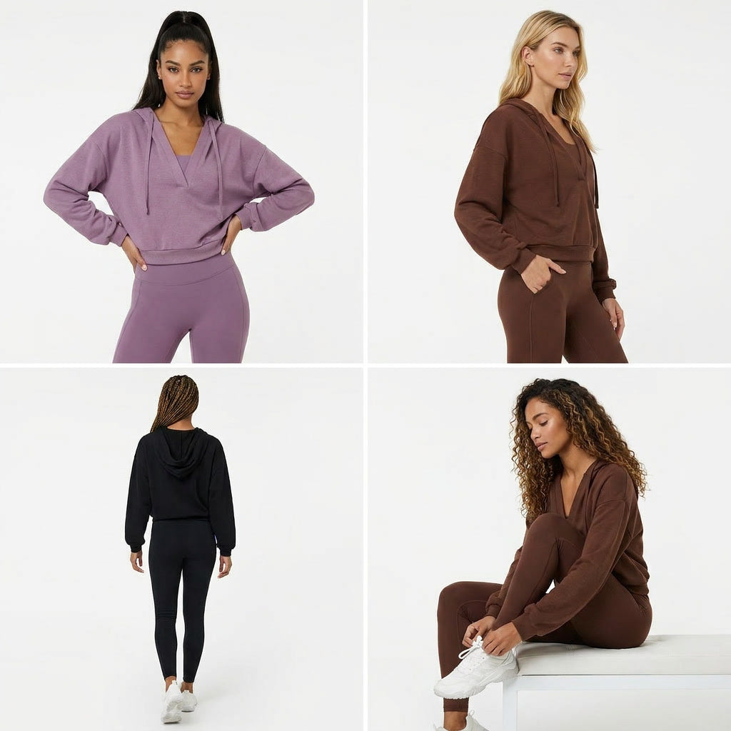 Four different views of a woman wearing a brown tracksuit on a white background