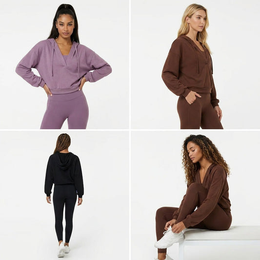 Four different views of a woman wearing a brown tracksuit on a white background