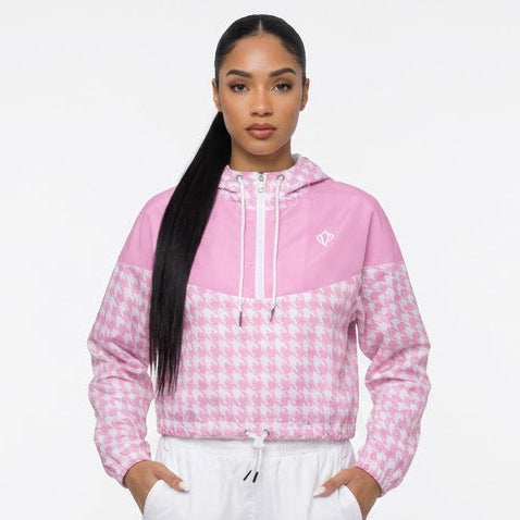 BLUSH HOUNDSTOOTH CROPPED WINDBREAKER