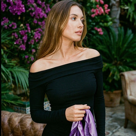 Woman in various outfits sitting outdoors with greenery and flowers in the background