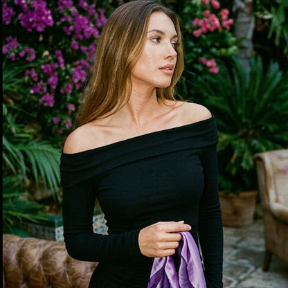 Woman in various outfits sitting outdoors with greenery and flowers in the background