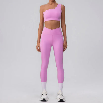 GRACE SCALLOPED TOP EDGE SPORTS BRA & HIGH-WAIST CROSS OVER LEGGINGS (2-PIECE SET)