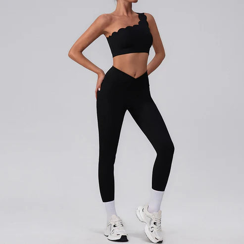 GRACE SCALLOPED TOP EDGE SPORTS BRA & HIGH-WAIST CROSS OVER LEGGINGS (2-PIECE SET)