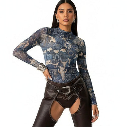INDIGO DREAMS High Neck Long Sleeved  Mesh Top