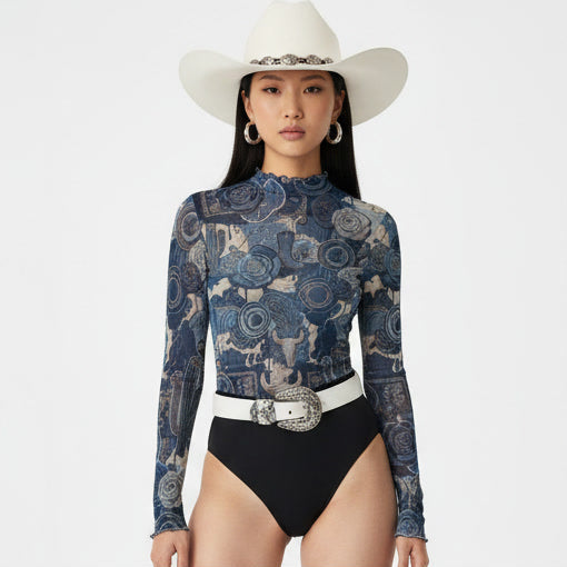 INDIGO DREAMS High Neck Long Sleeved  Mesh Top