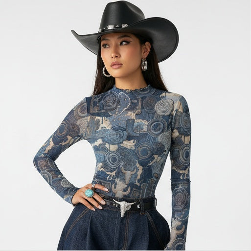 INDIGO DREAMS High Neck Long Sleeved  Mesh Top