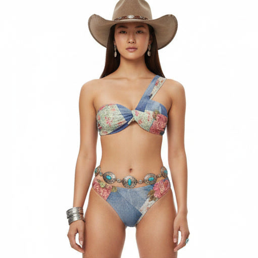 PRAIRIE PATCH TWIST ROUCHED ONE  SHOULDER BIKINI