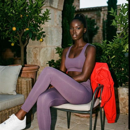 Collage of women in athletic wear posing outdoors with plants and furniture.