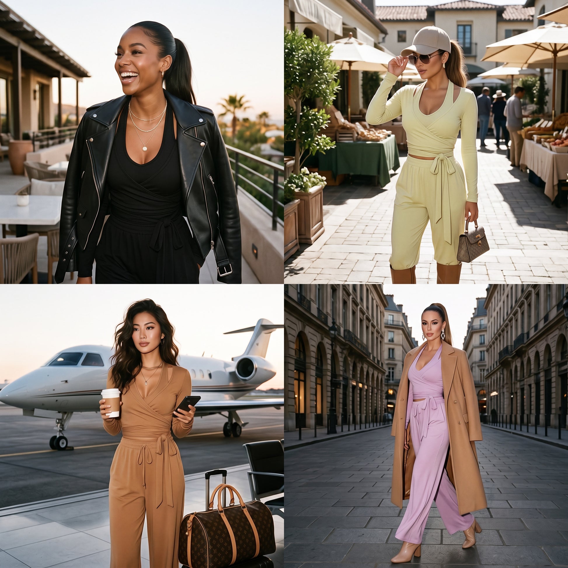 Collage of a woman in different outfits in various settings.