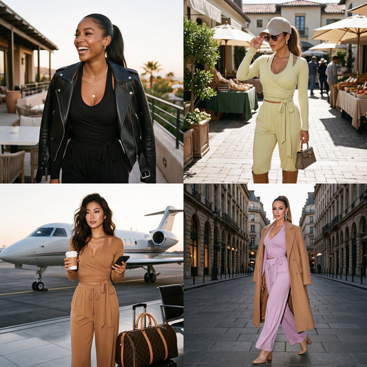 Collage of a woman in different outfits in various settings.
