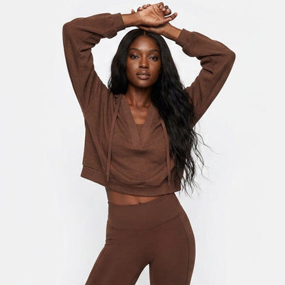 Four different poses of a woman wearing a brown outfit on a white background